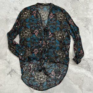 Knot Sisters Women Blue‎ Green Paisley 3/4 Sleeve Blouse Sz Xsmall XS Tie Neck